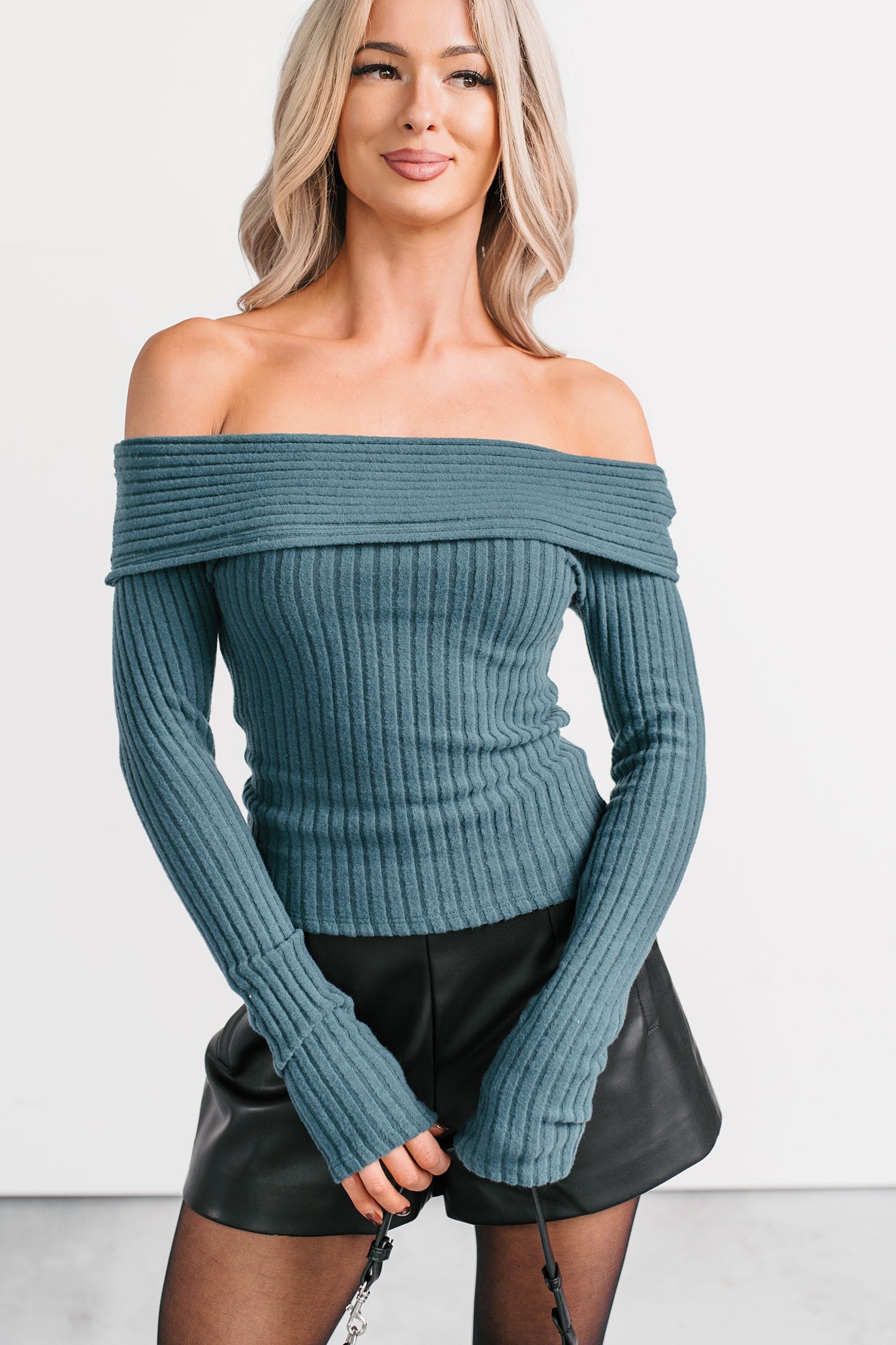 Risk It All Off-The Shoulder Ribbed Top (Sea Moss)