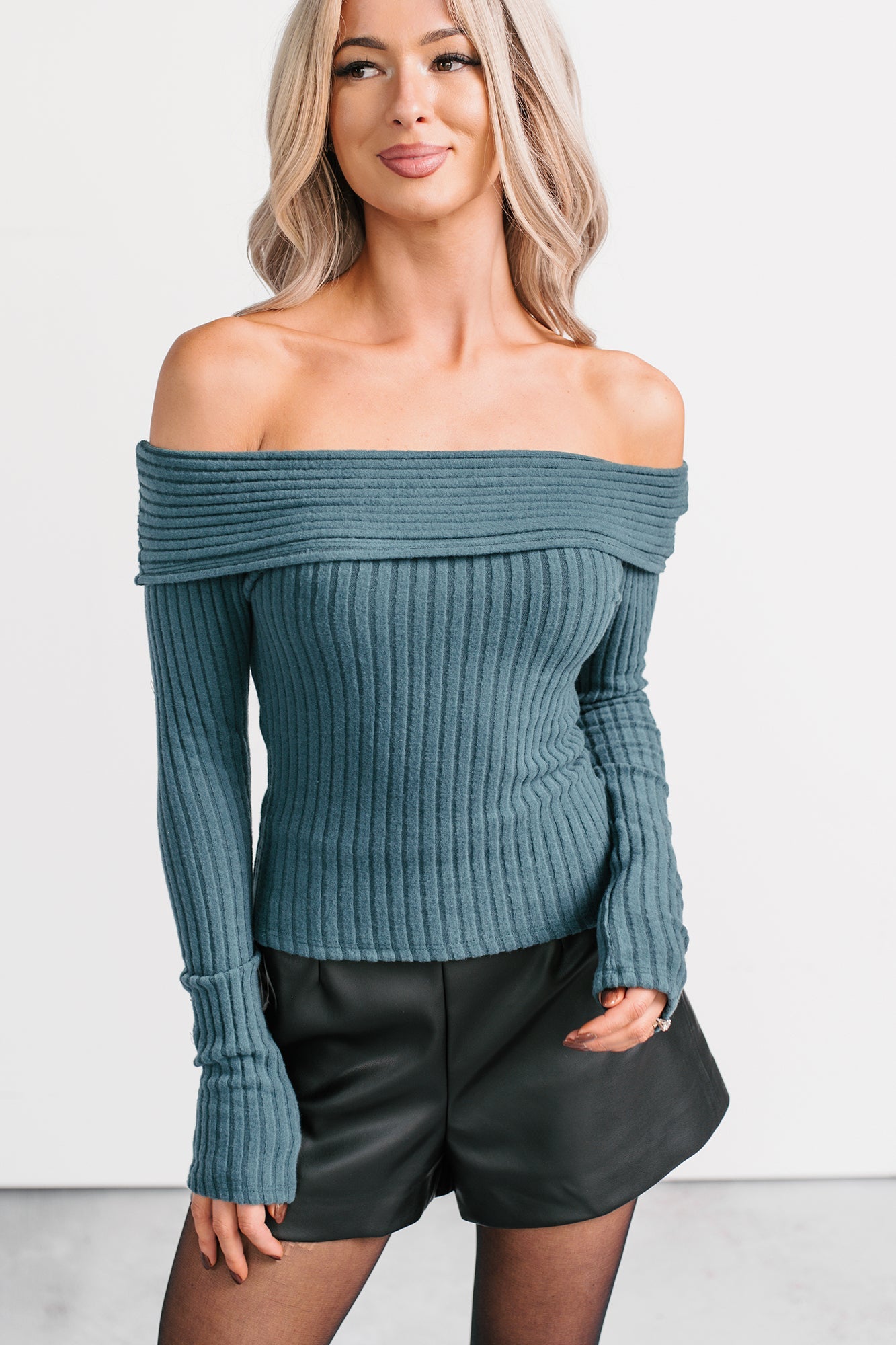 Risk It All Off-The Shoulder Ribbed Top (Sea Moss)