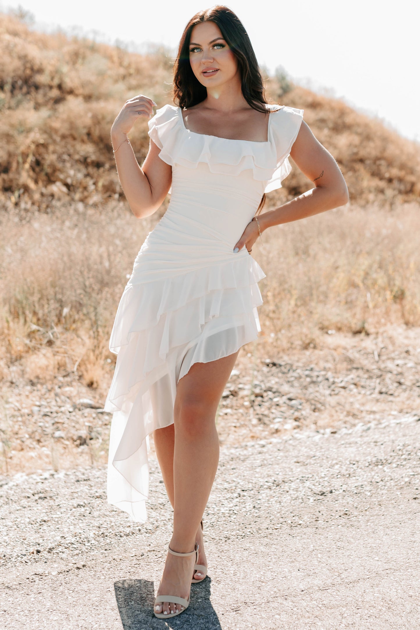 Perfectly Peachy Off The Shoulder Mini Dress (Ivory)