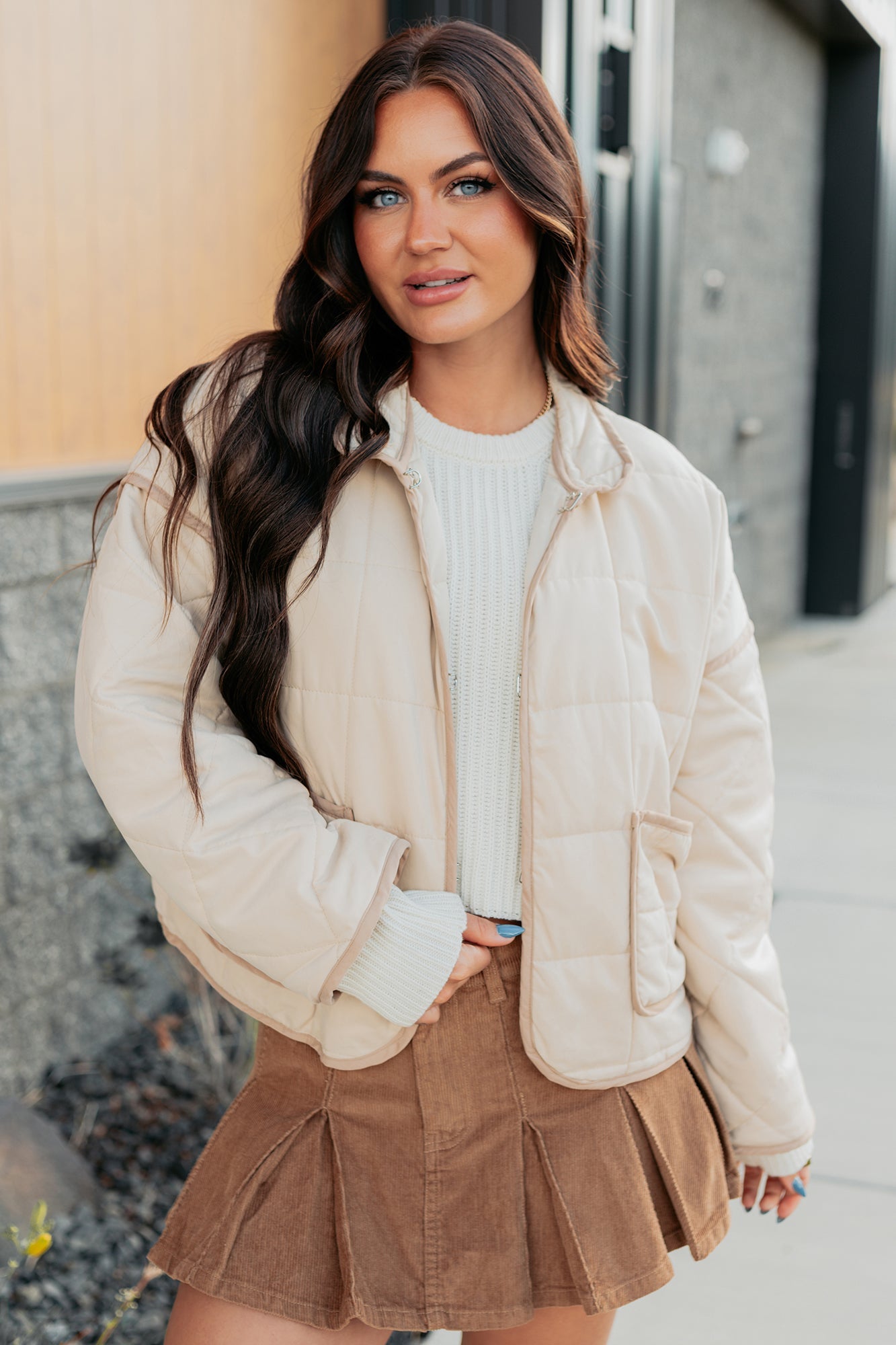 Pure Desire Contrast Trim Quilted Puffer Jacket (Beige)