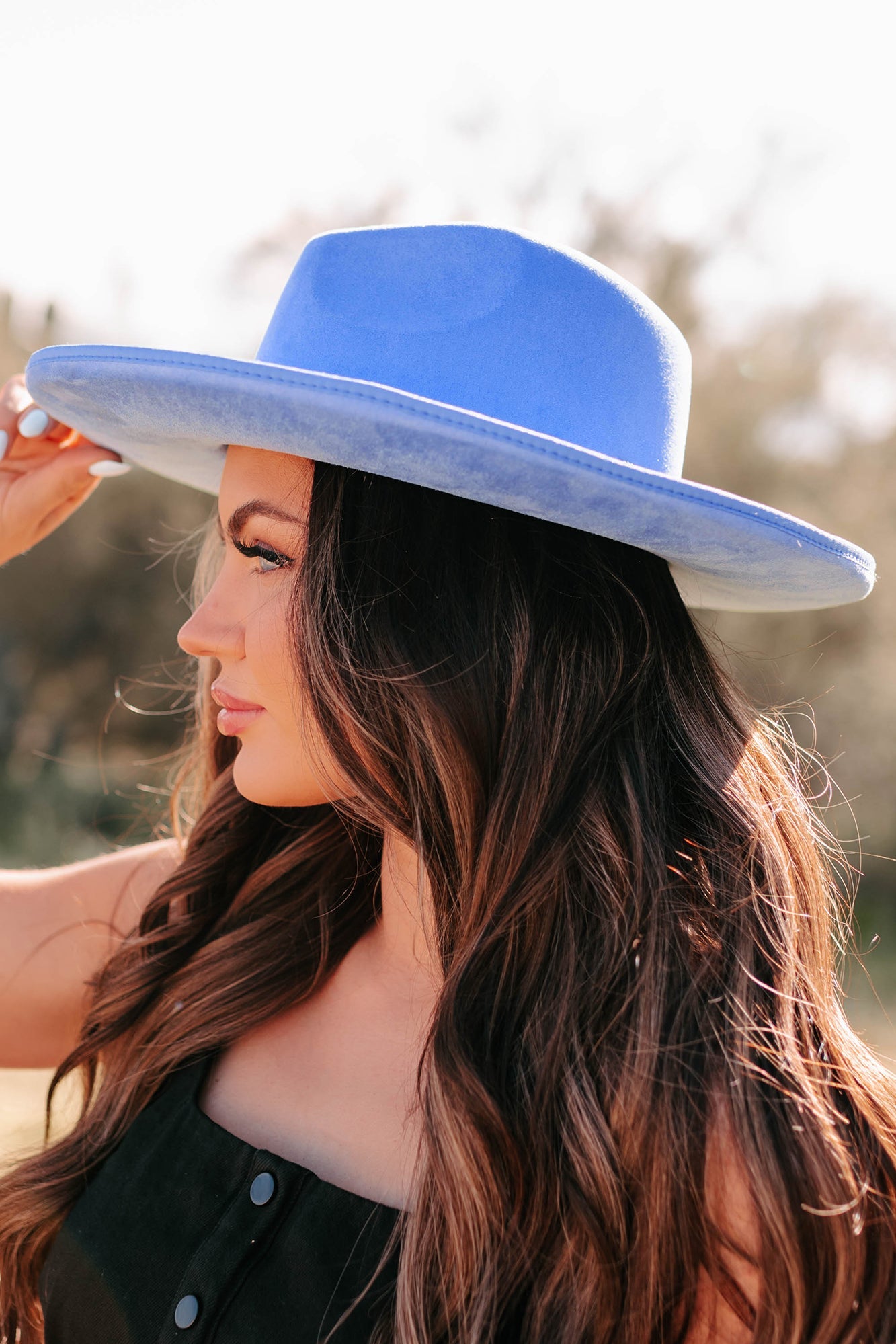 Where Beauty Reigns Rhinestone Butterfly Pencil Brim Hat (Blue)