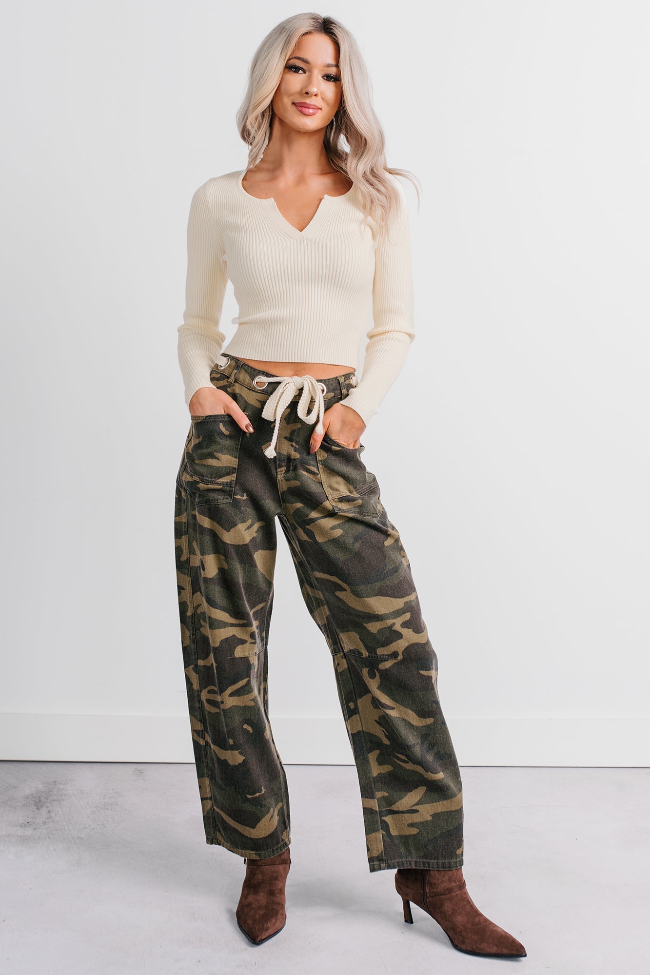 Think Of Me Denim Waist Tie Wide Leg Pants (Camo)