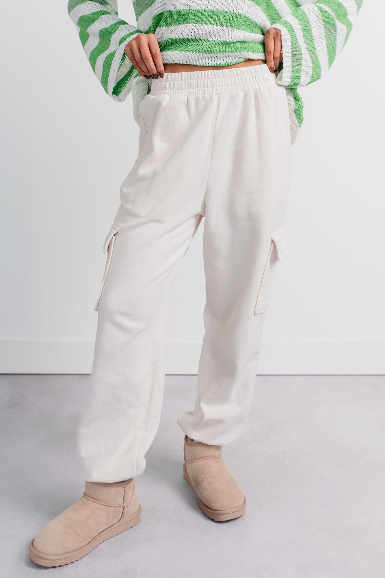 Practicing Patience Fleece Cargo Joggers (Ivory)