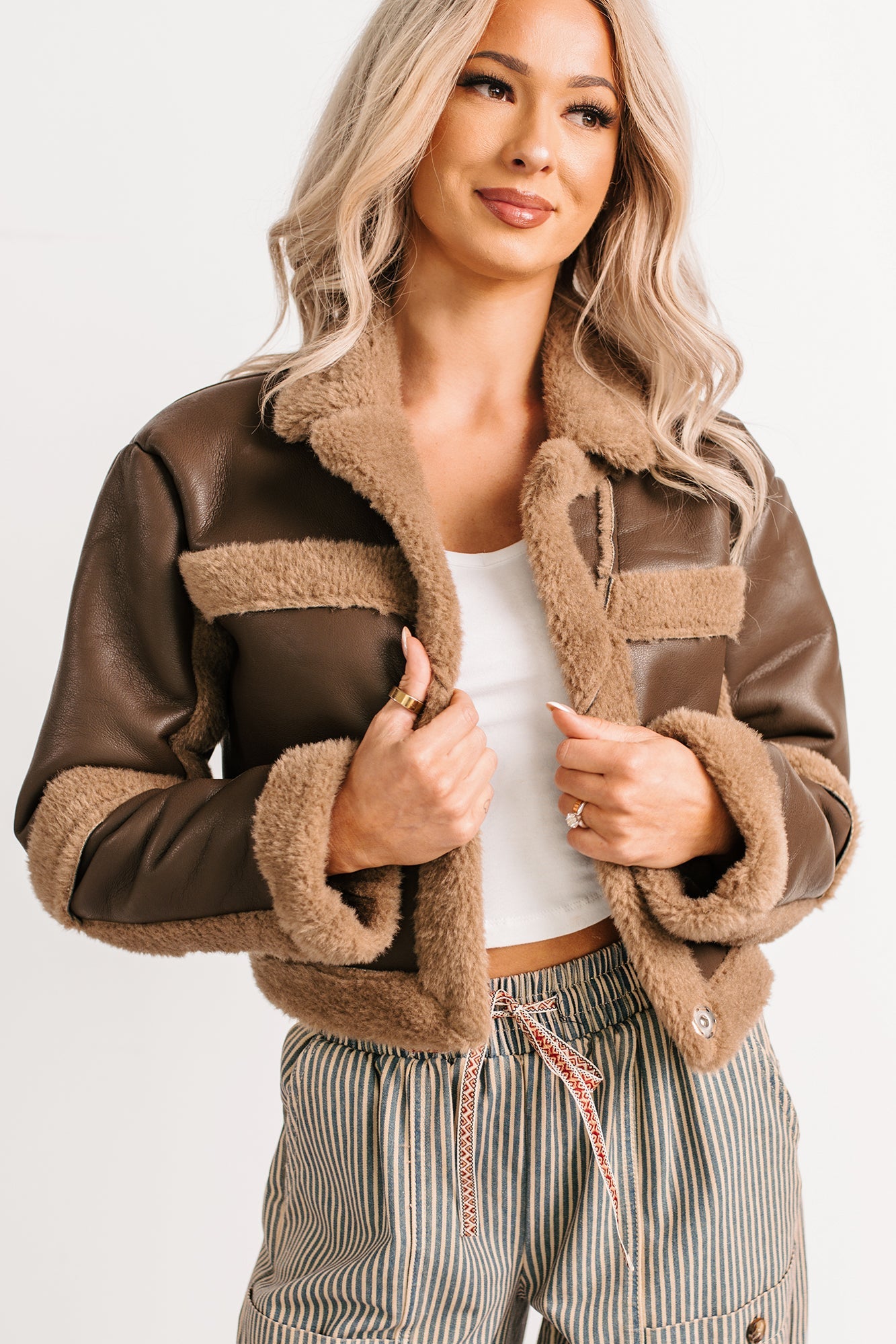 She's Fire Faux Leather Fur Trim Crop Jacket (Chocolate)