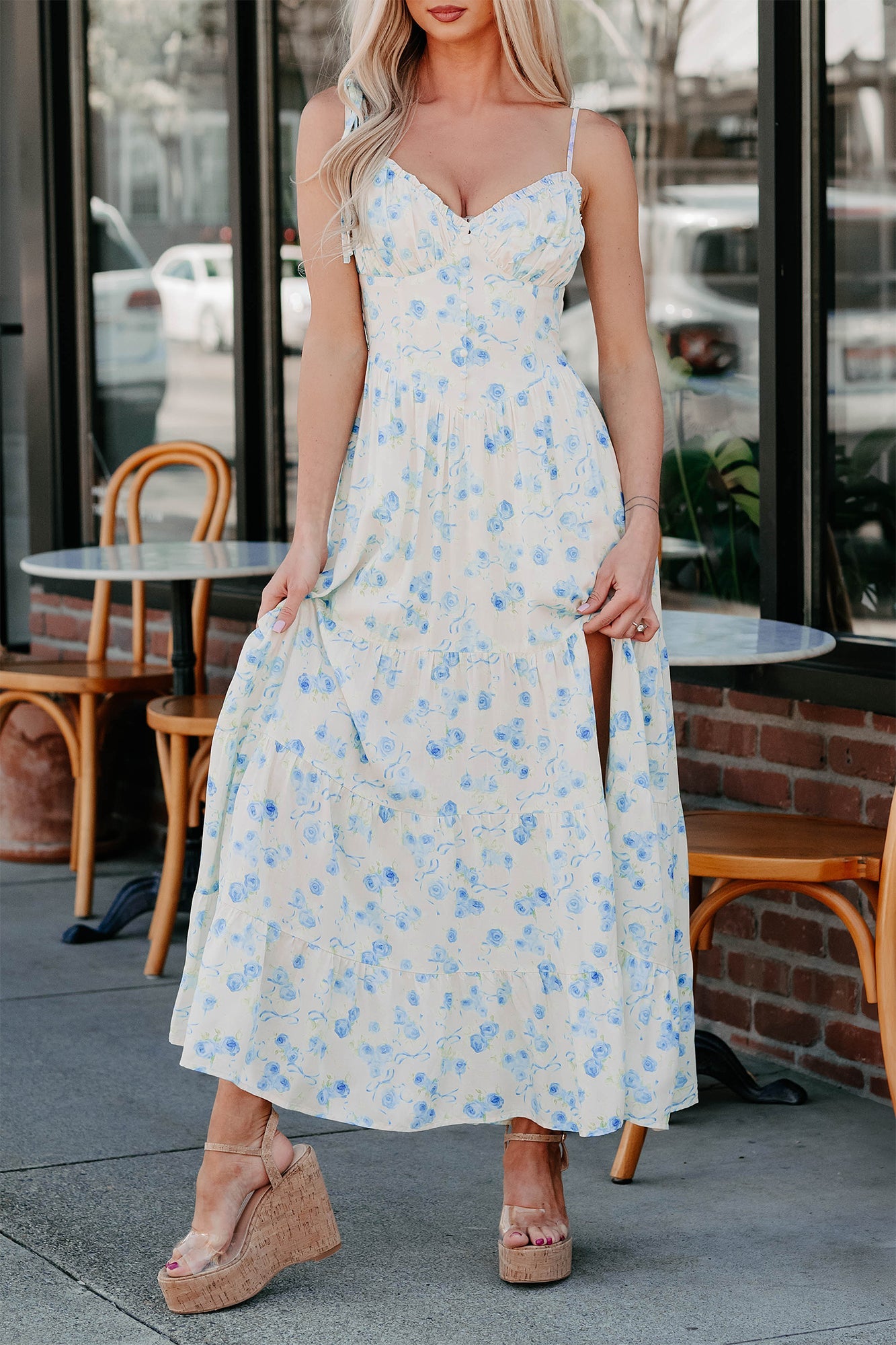 Rosy Days Sleeveless Floral Maxi Dress (Cream/Blue)