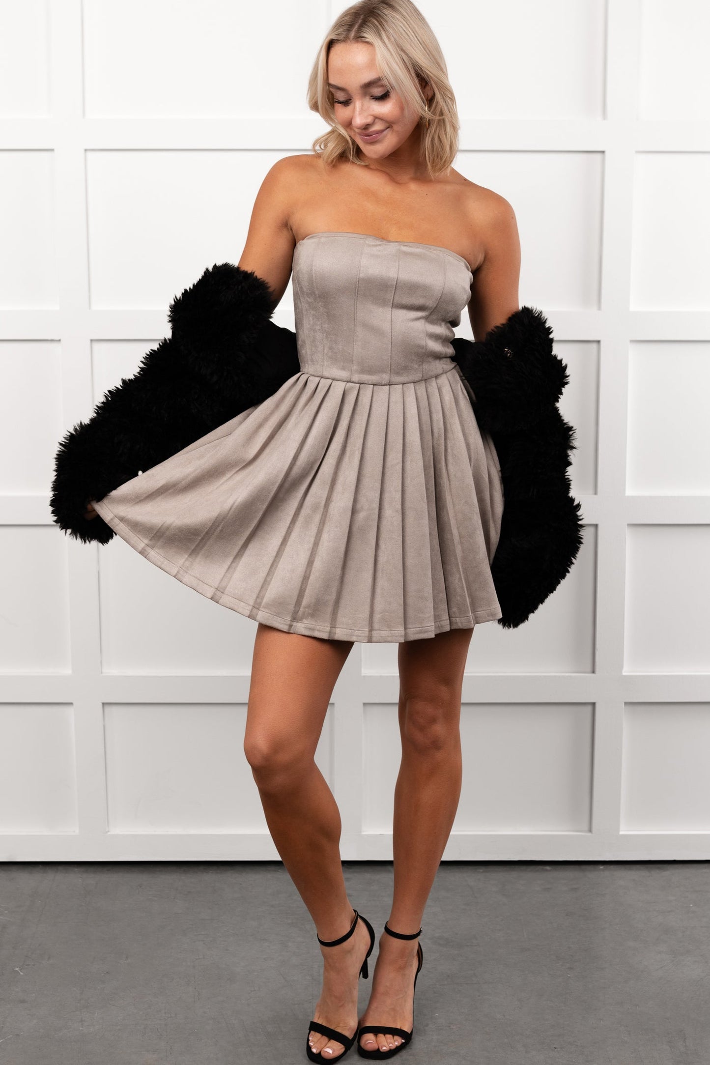 Up A Notch Faux Suede Pleated Mini Dress (Cement)
