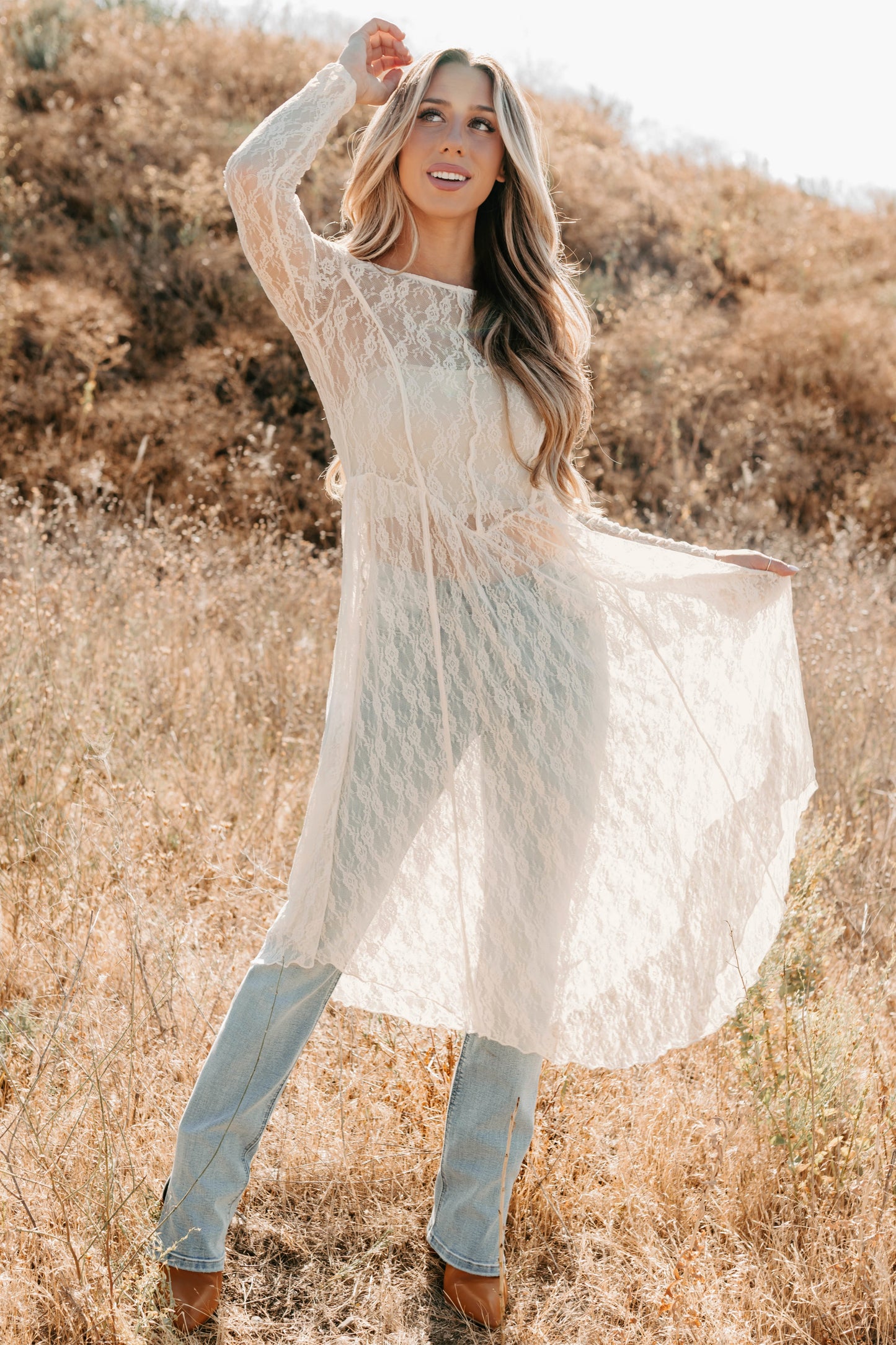 Spirit Dances Sheer Lace Midi Layering Dress (Ecru)