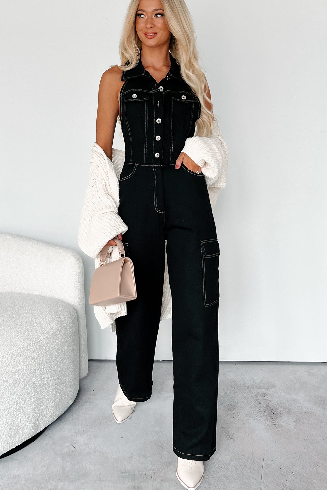 Social Call Denim Halter Cargo Jumpsuit (Black)