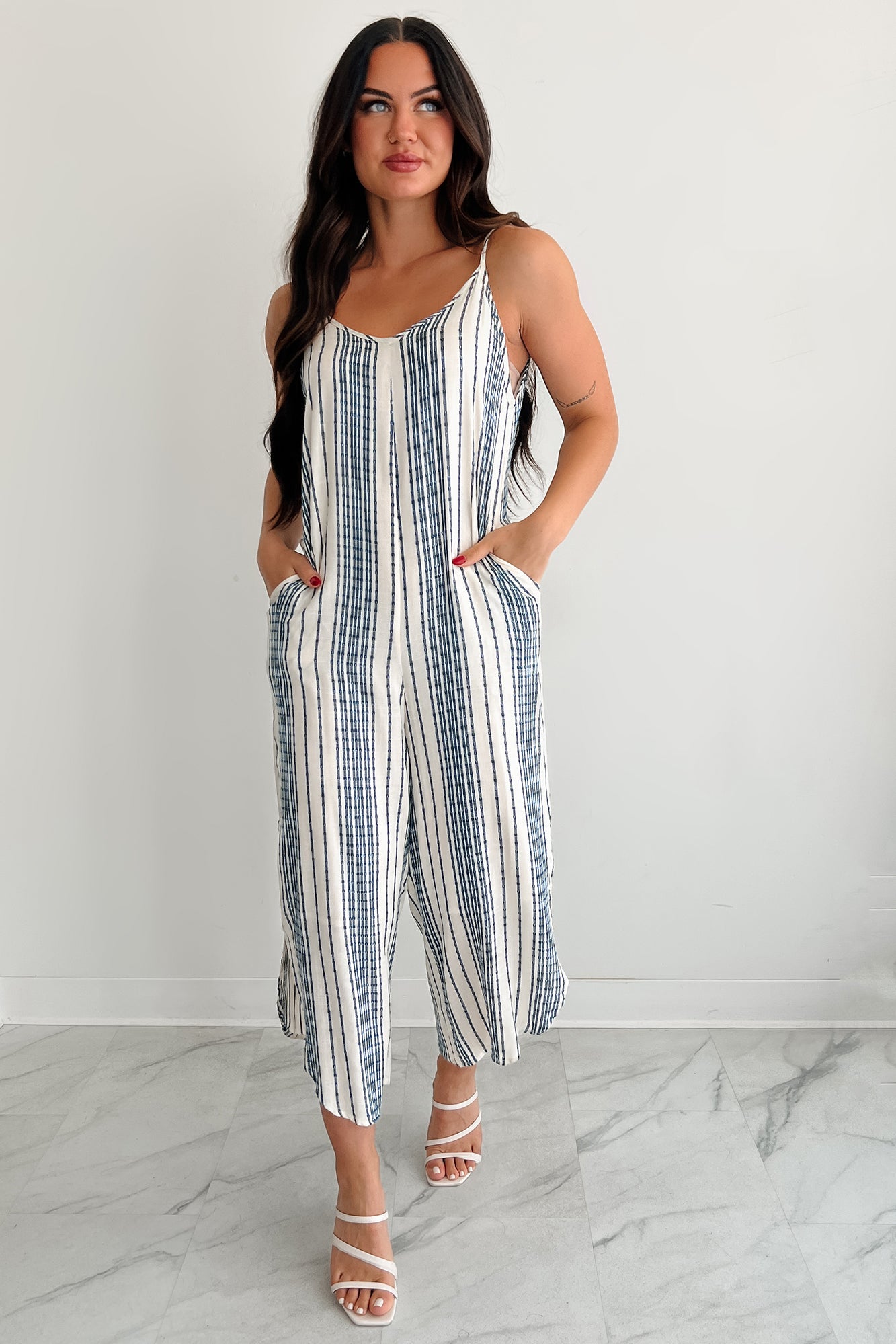 Worn With The Wind Sleeveless Striped Jumpsuit (Ivory/ Blue)