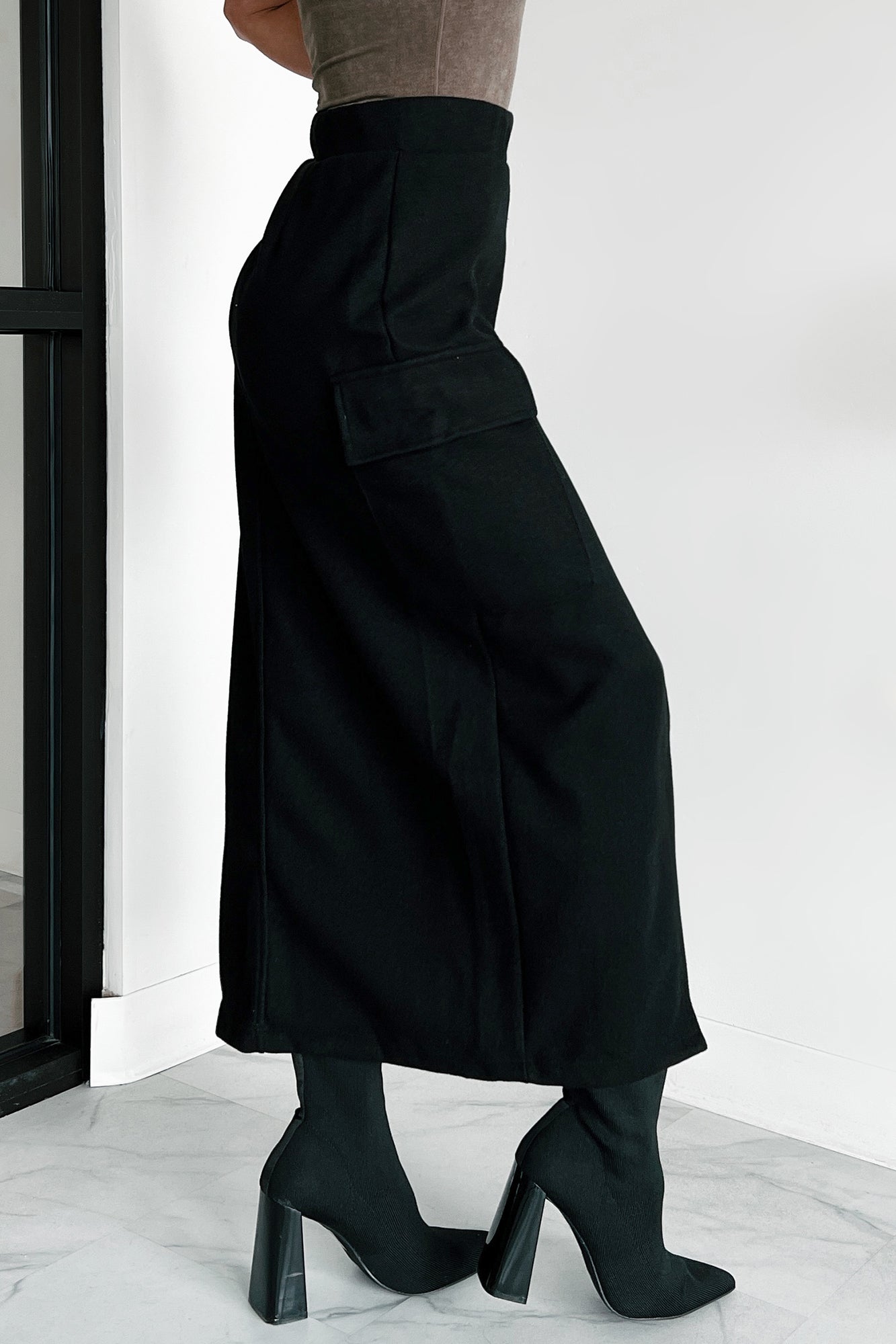 Setting New Standards Brushed Knit Cargo Midi Skirt (Black)