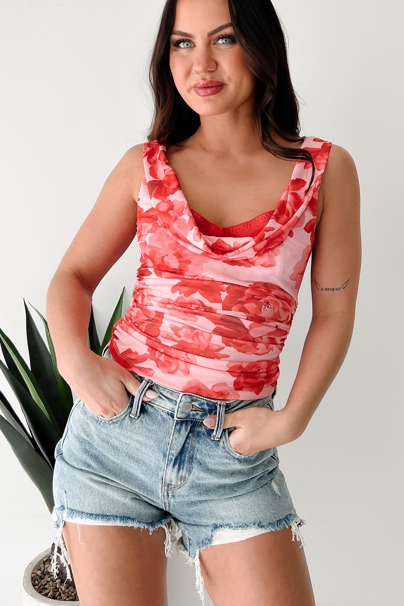 Slay All Day Sleeveless Floral Built-In Bra Top (Coral)