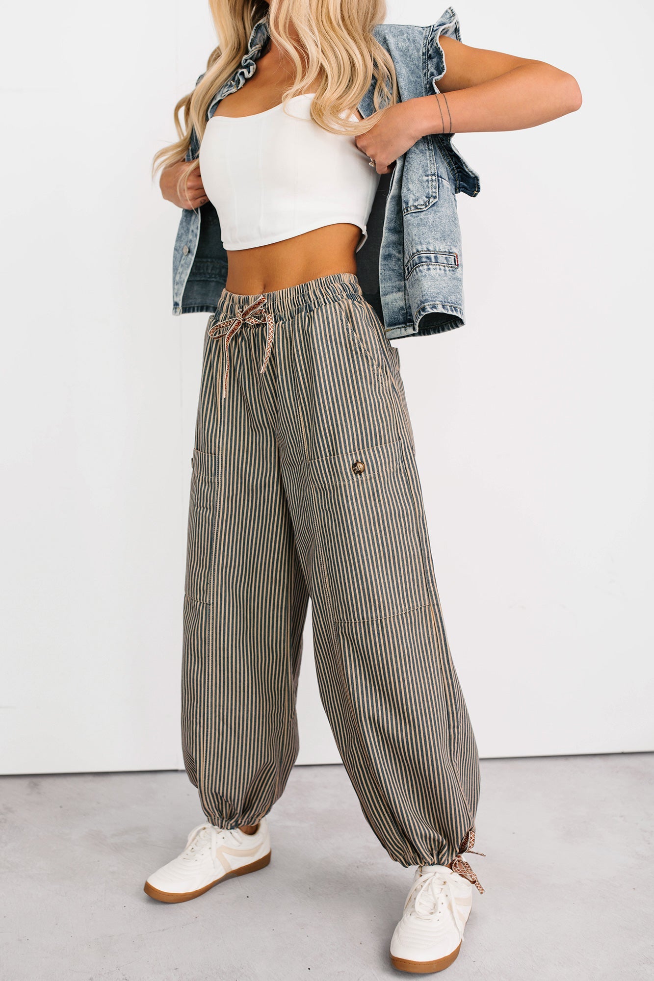 Restless Heart Striped Wide Leg Drawstring Pants (Latte)
