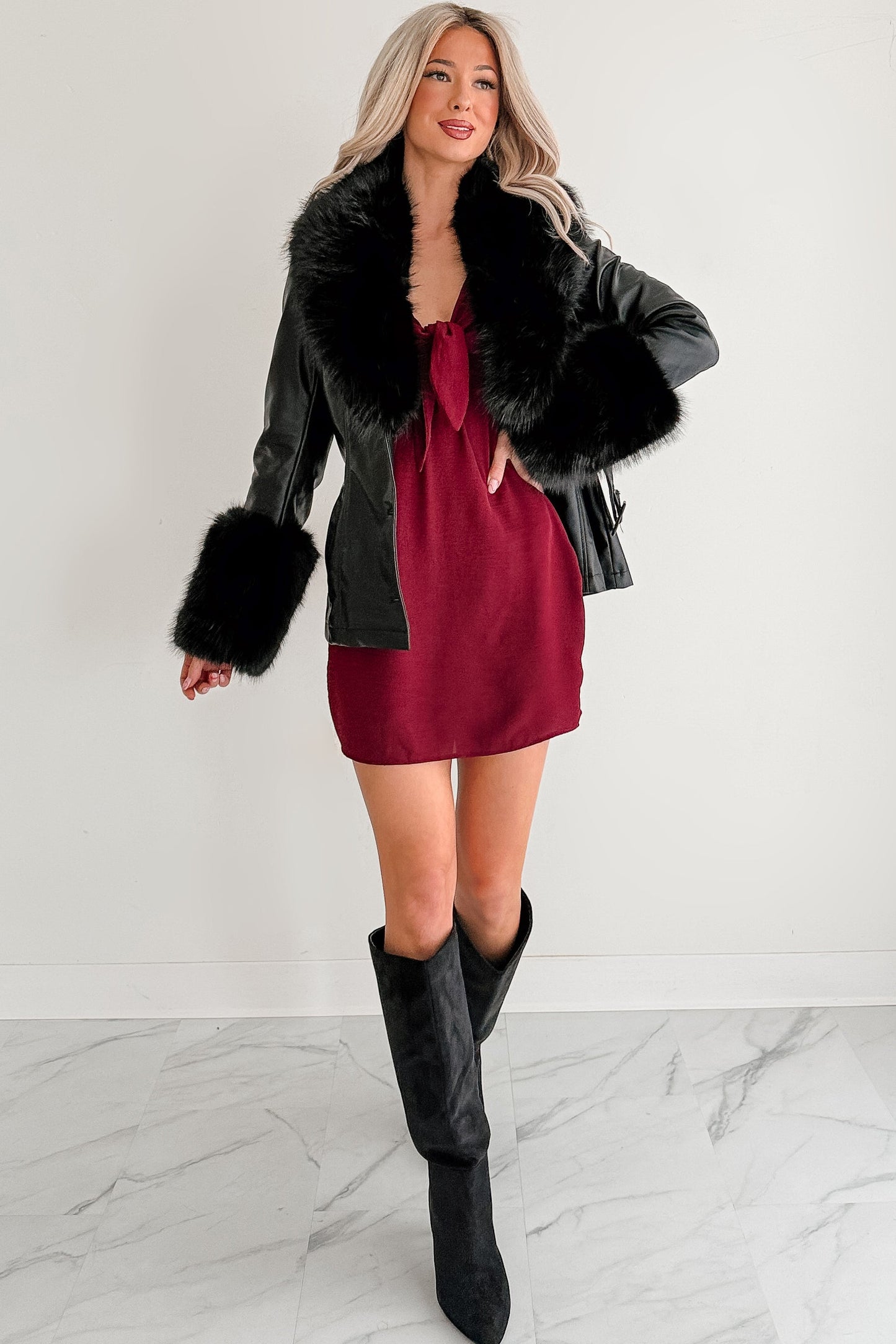 Star Quality Fur Trim Faux Leather Jacket (Black)