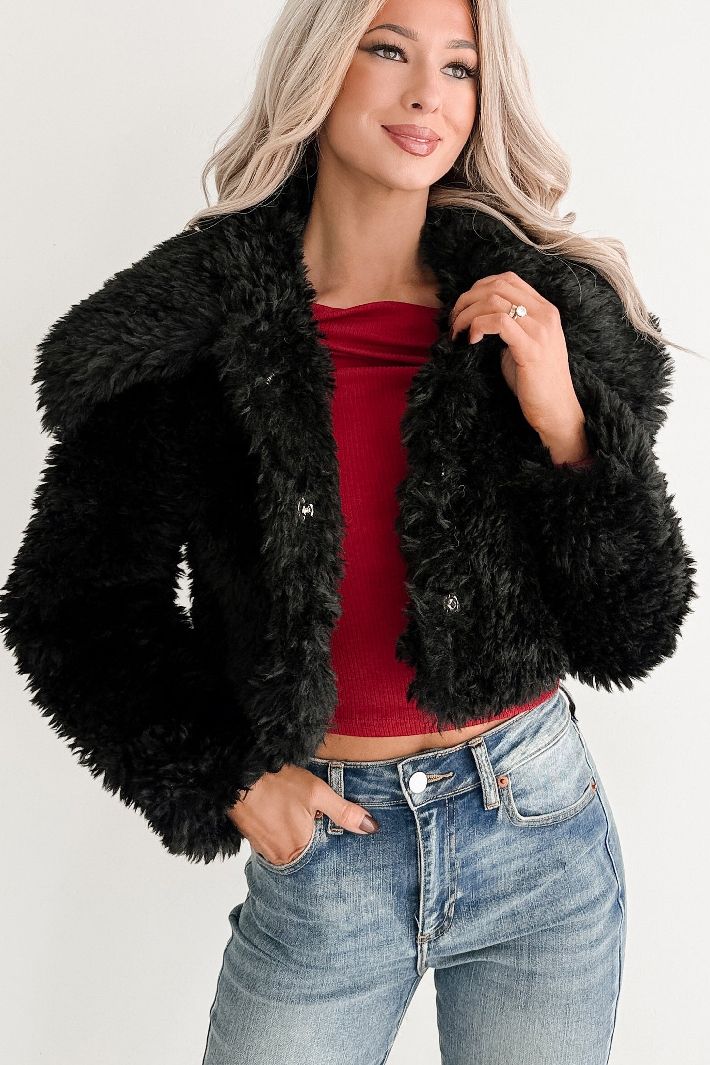 Strong Season Faux Fur Collared Jacket (Black)