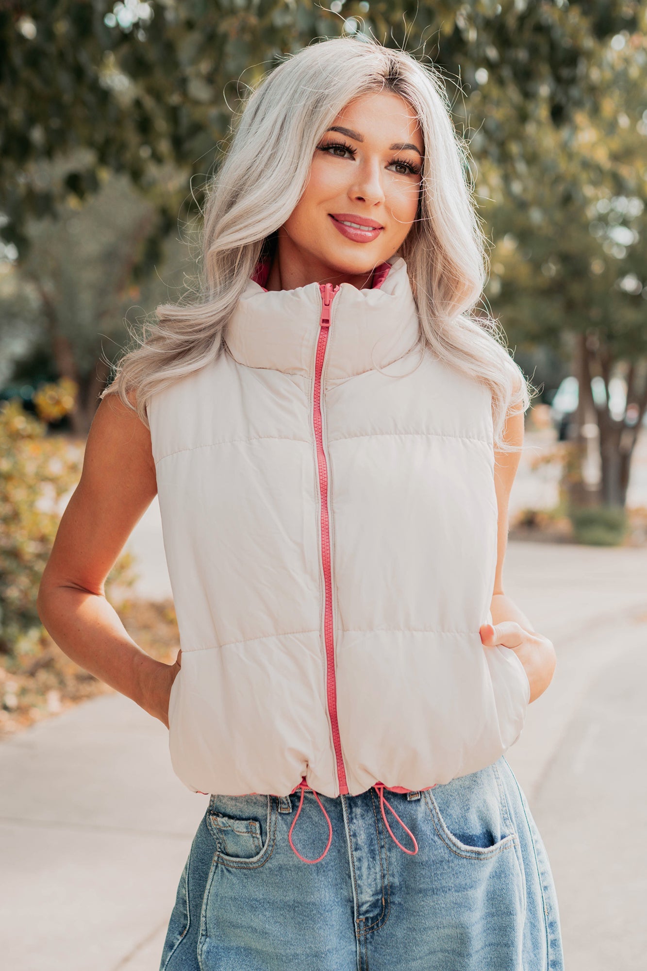 On The Reverse Side Reversible Puffer Vest (Hibiscus/Beige)