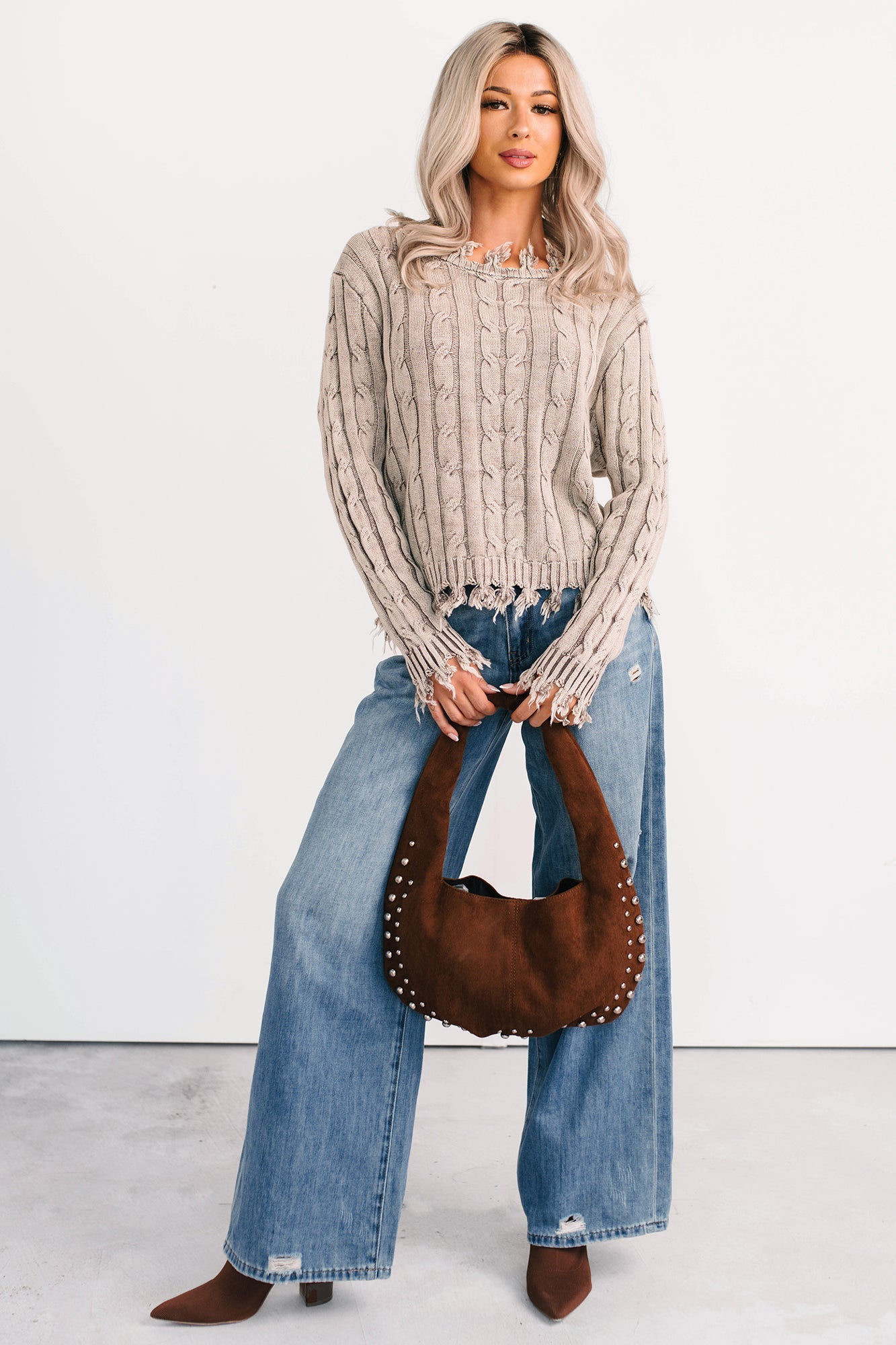 Unwritten Future Cable Knit Fringe Zenana Sweater (Mocha)
