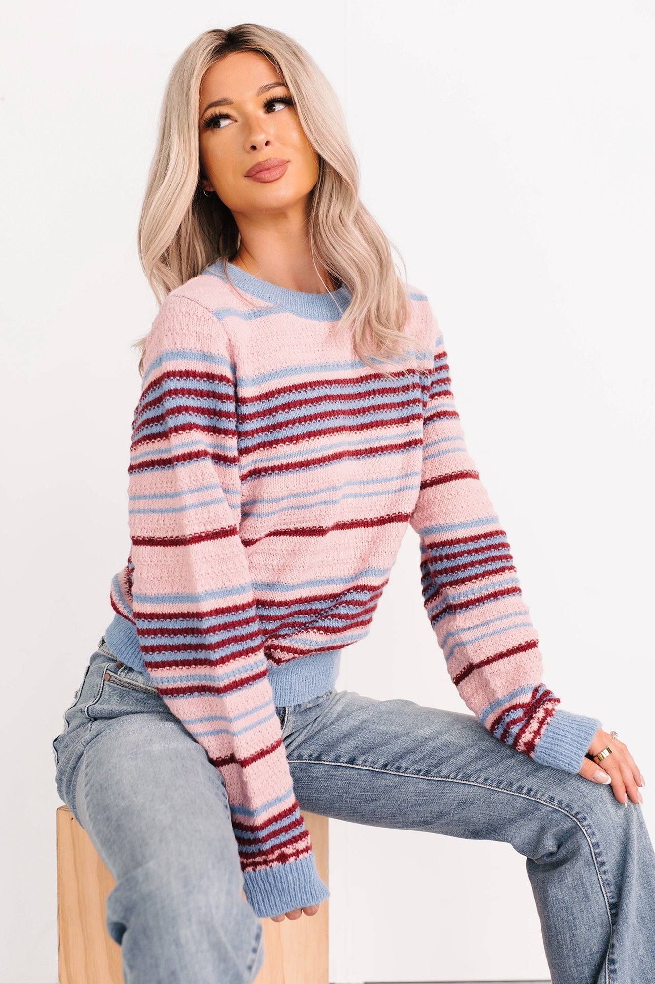 Pure Sunshine Striped Knit Sweater (Pink/Blue/Wine)