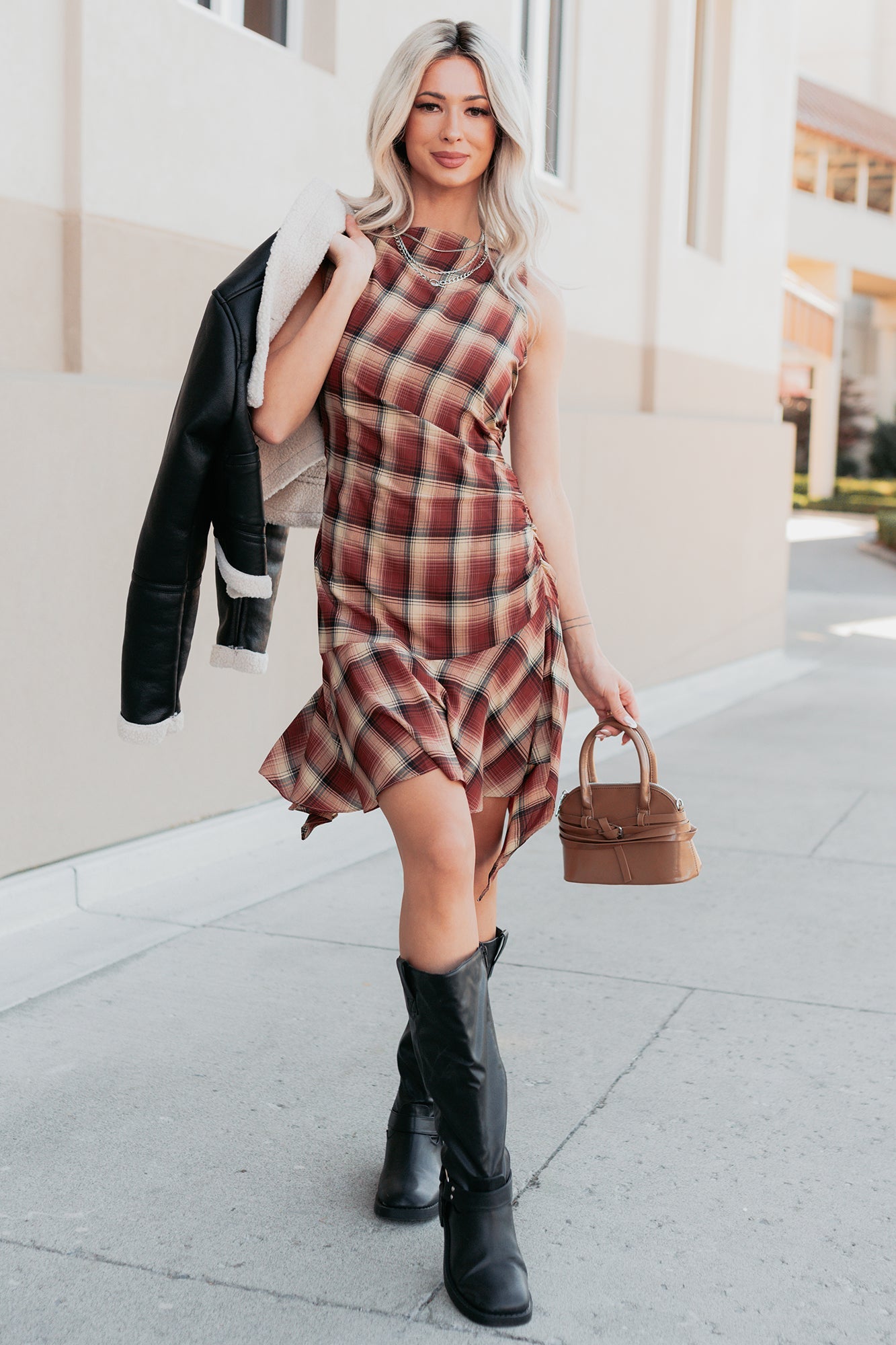 Purely Hers Sleeveless Plaid Mini Dress (Rust Plaid)