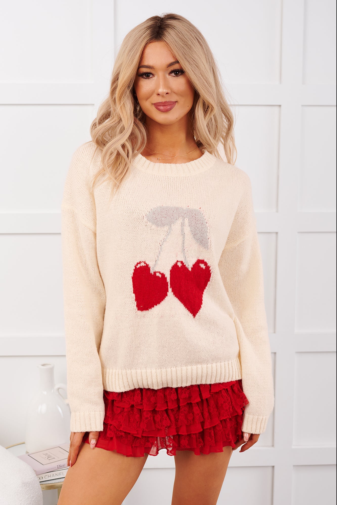 Timeless Romance Heart Cherry Print Sweater (Ivory)