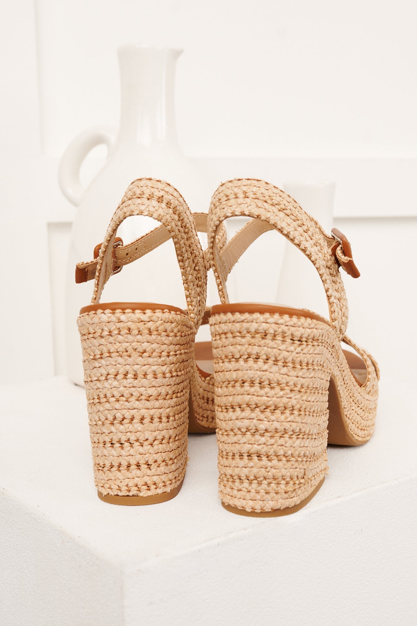 VayCay Getaway Braided Raffia Platform Heels (Natural/Tan)