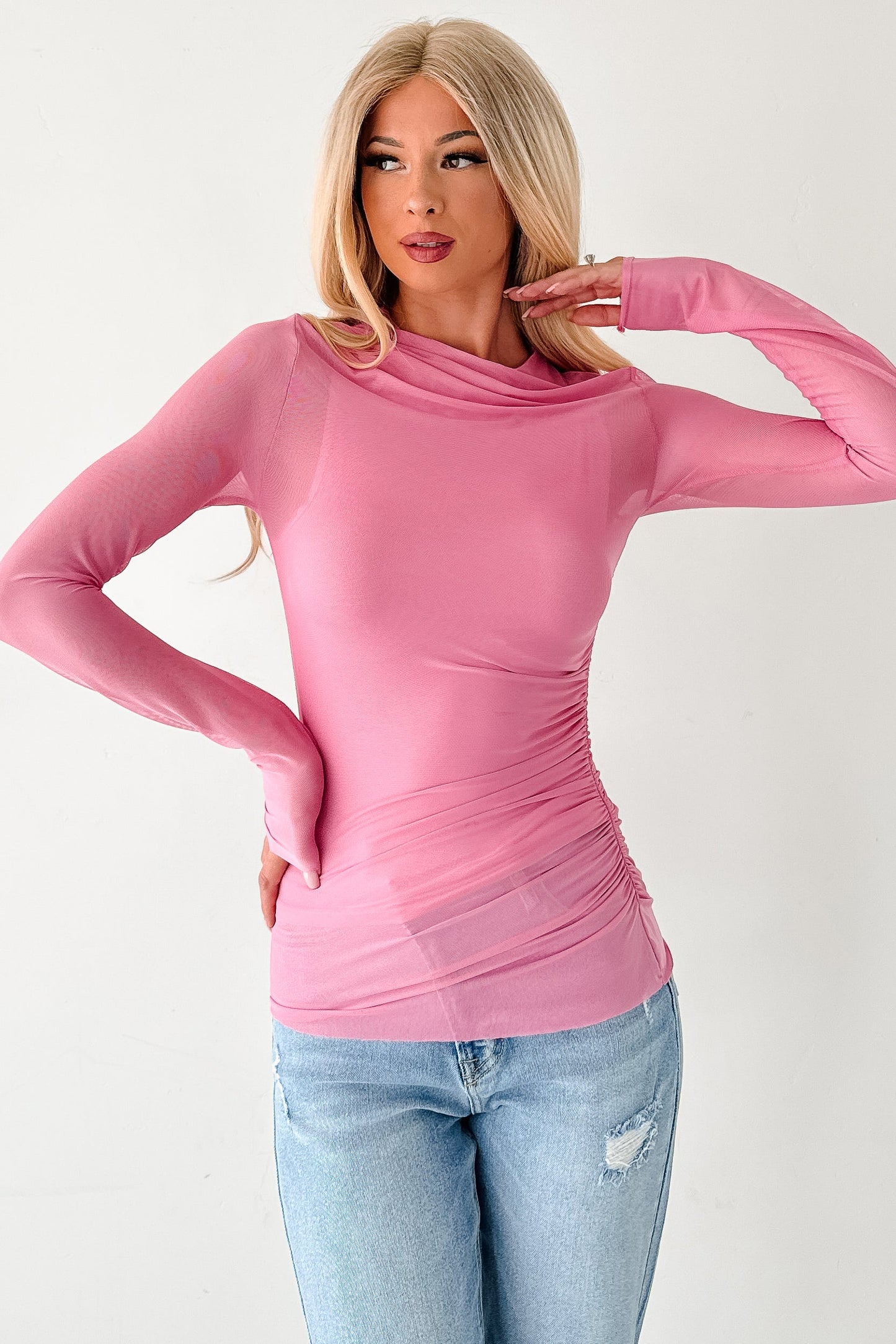 Sheer Happiness Fore Mesh Long Sleeve Top (Bubble Gum)