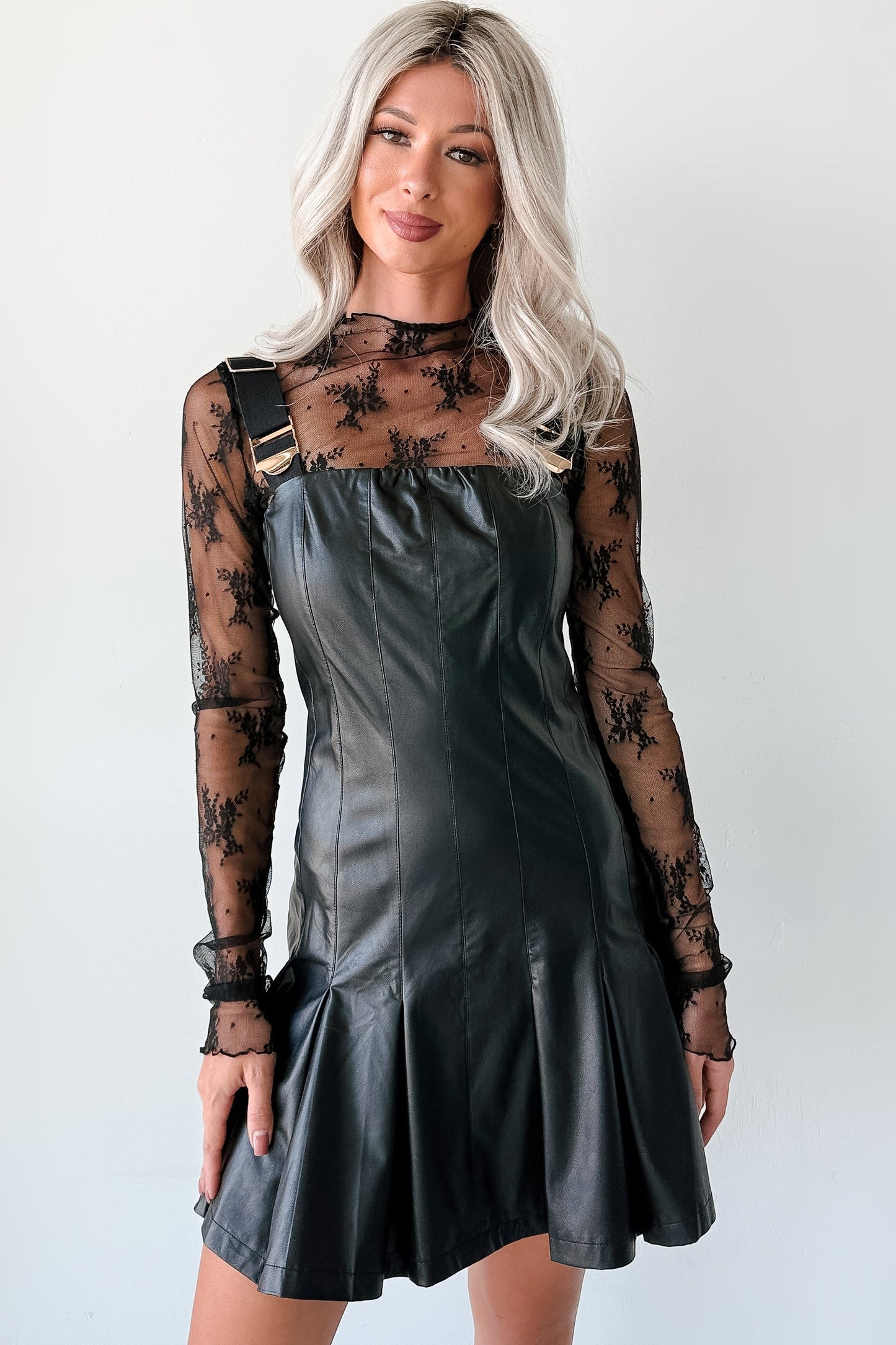 One Of None Pleated Faux Leather Dress (Black)