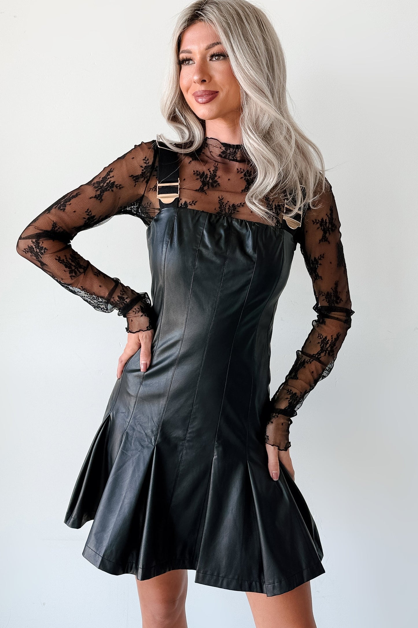 One Of None Pleated Faux Leather Dress (Black)