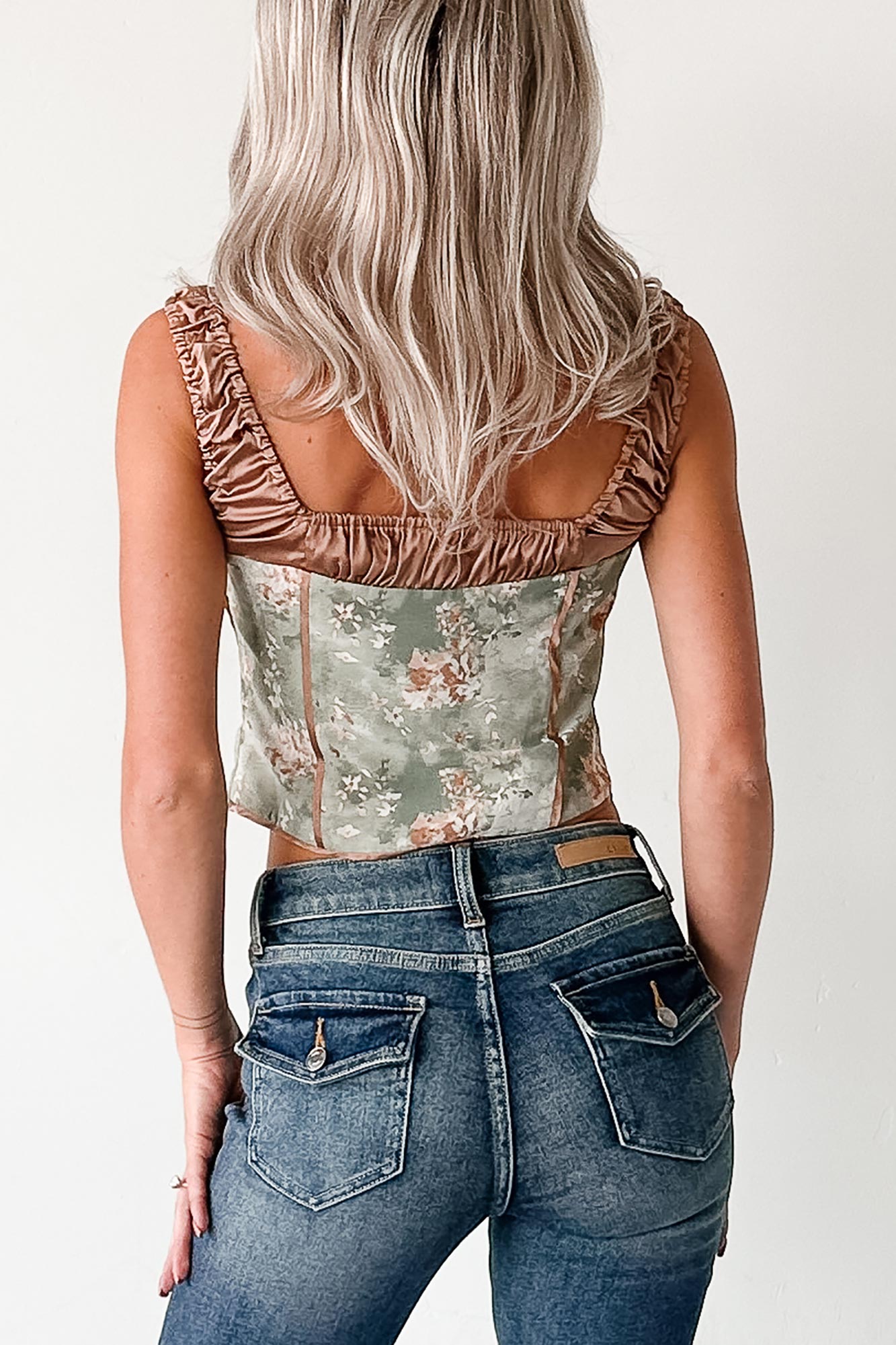 Whimsically Wild Floral Satin Hook Front Top (Sage Olive)