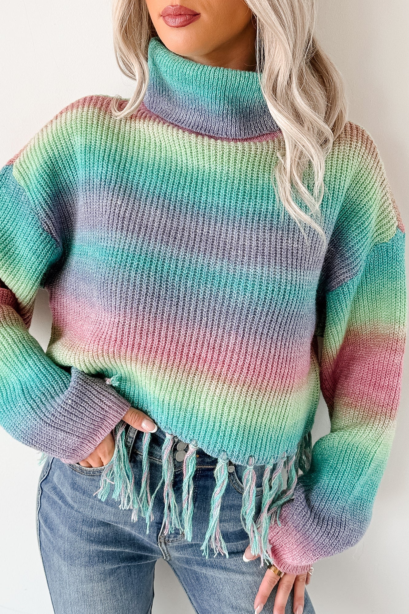 Life In Color Ombre Stripe Tassel Sweater (Sage Rainbow)