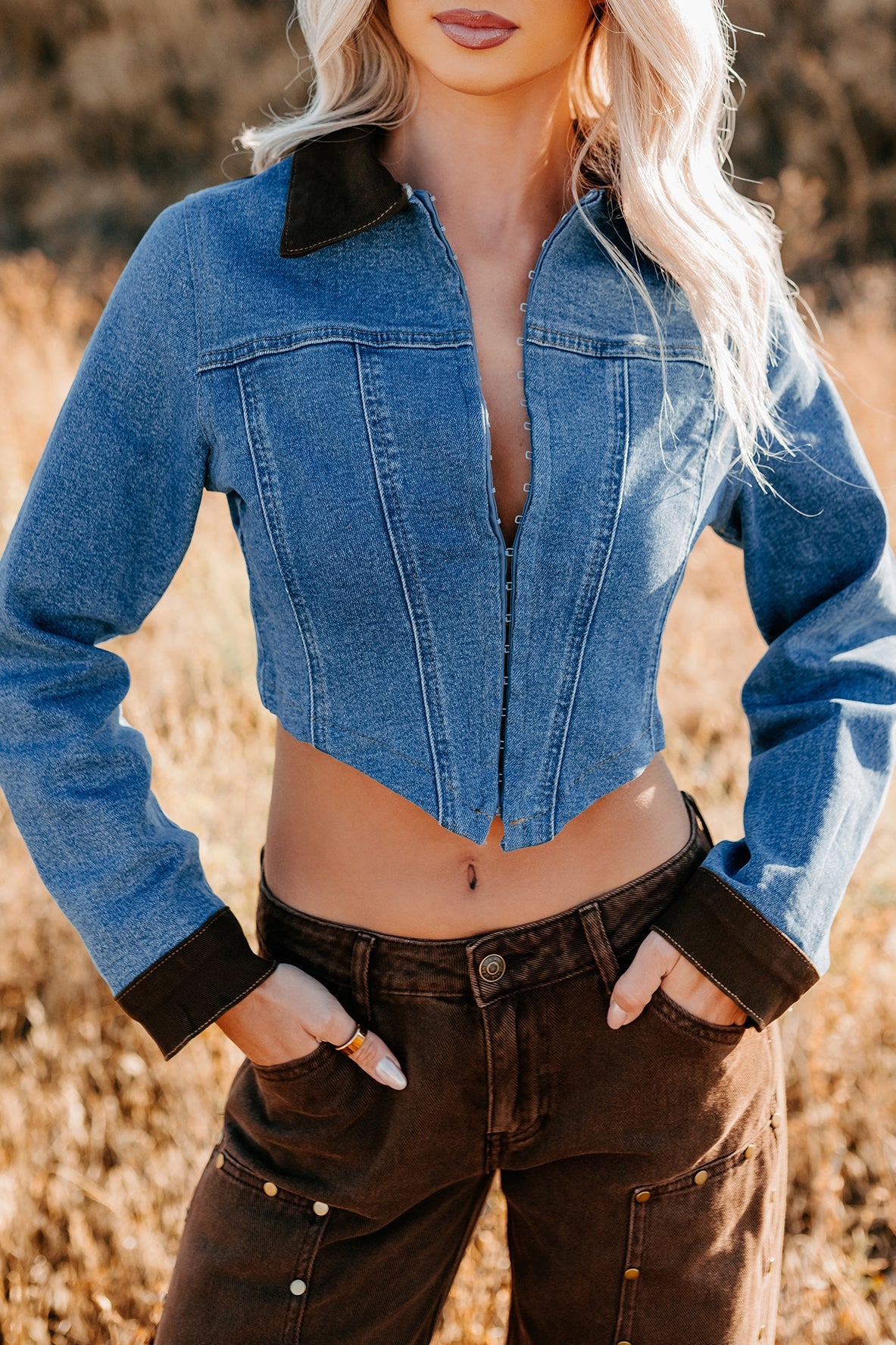Peachy Prairie Cropped Denim Corset Jacket (Medium)