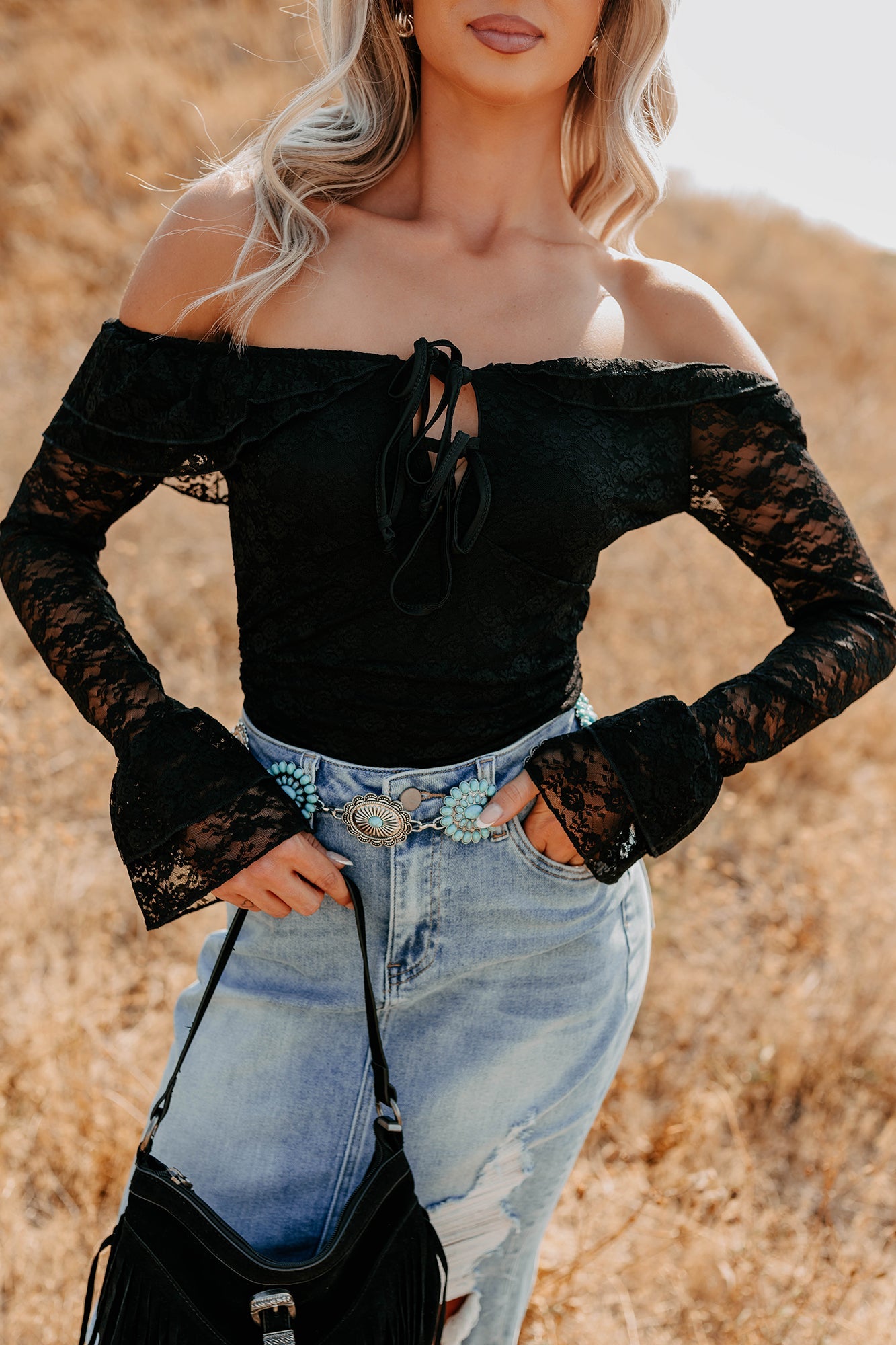 Throne Ready Off The Shoulder Lace Bodysuit (Black)