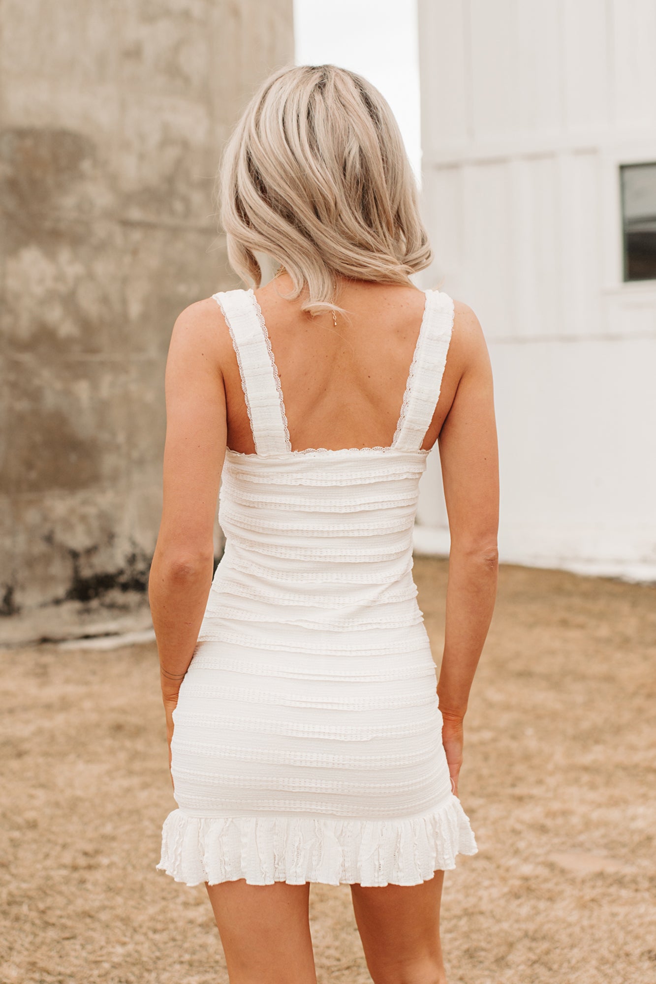 Spring Fling Energy Ruffle Bodycon Mini Dress (Off White)