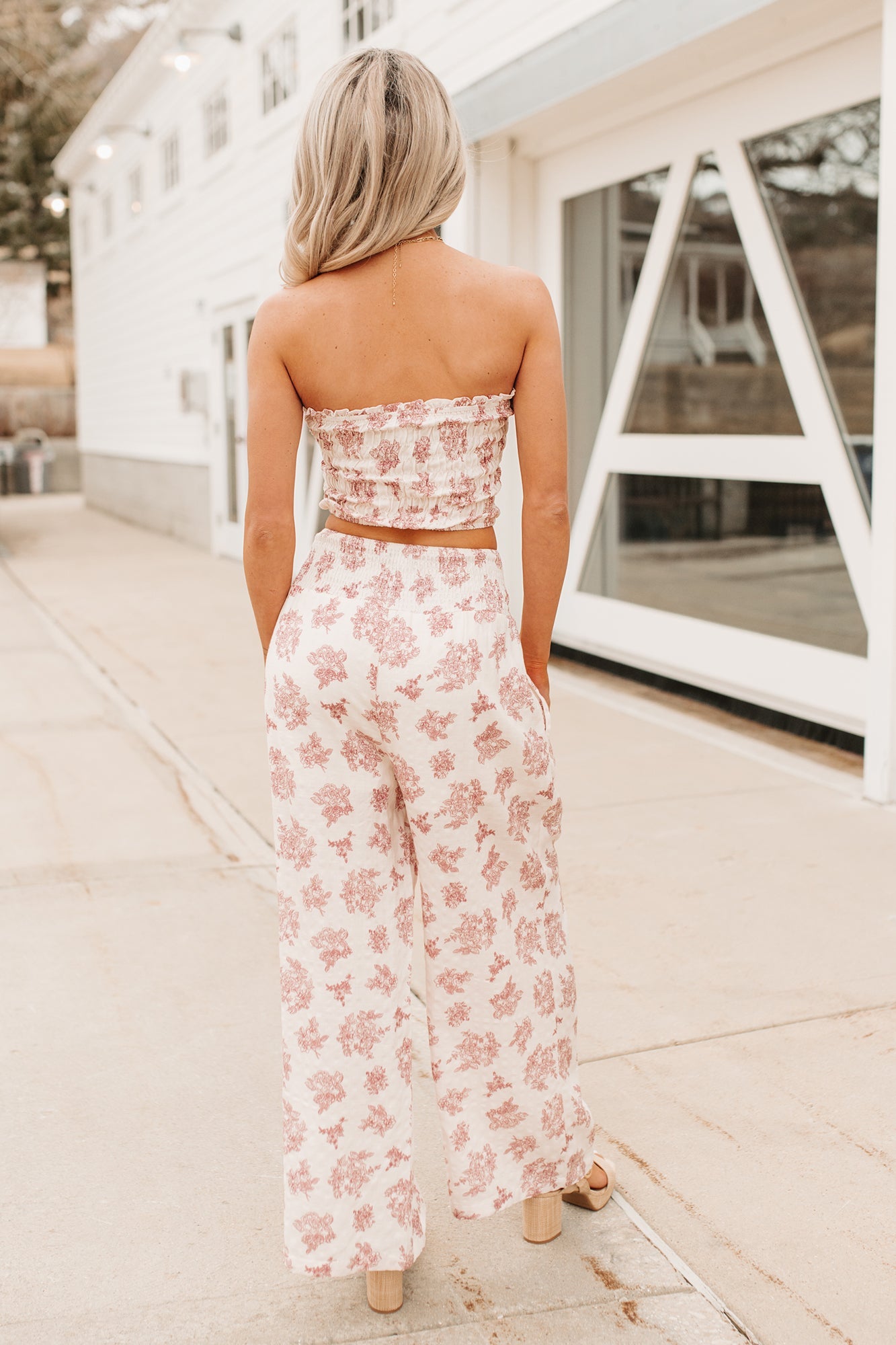 Sugar & Sunshine Floral Smocked Bandeau And Pants Set (Burgundy)