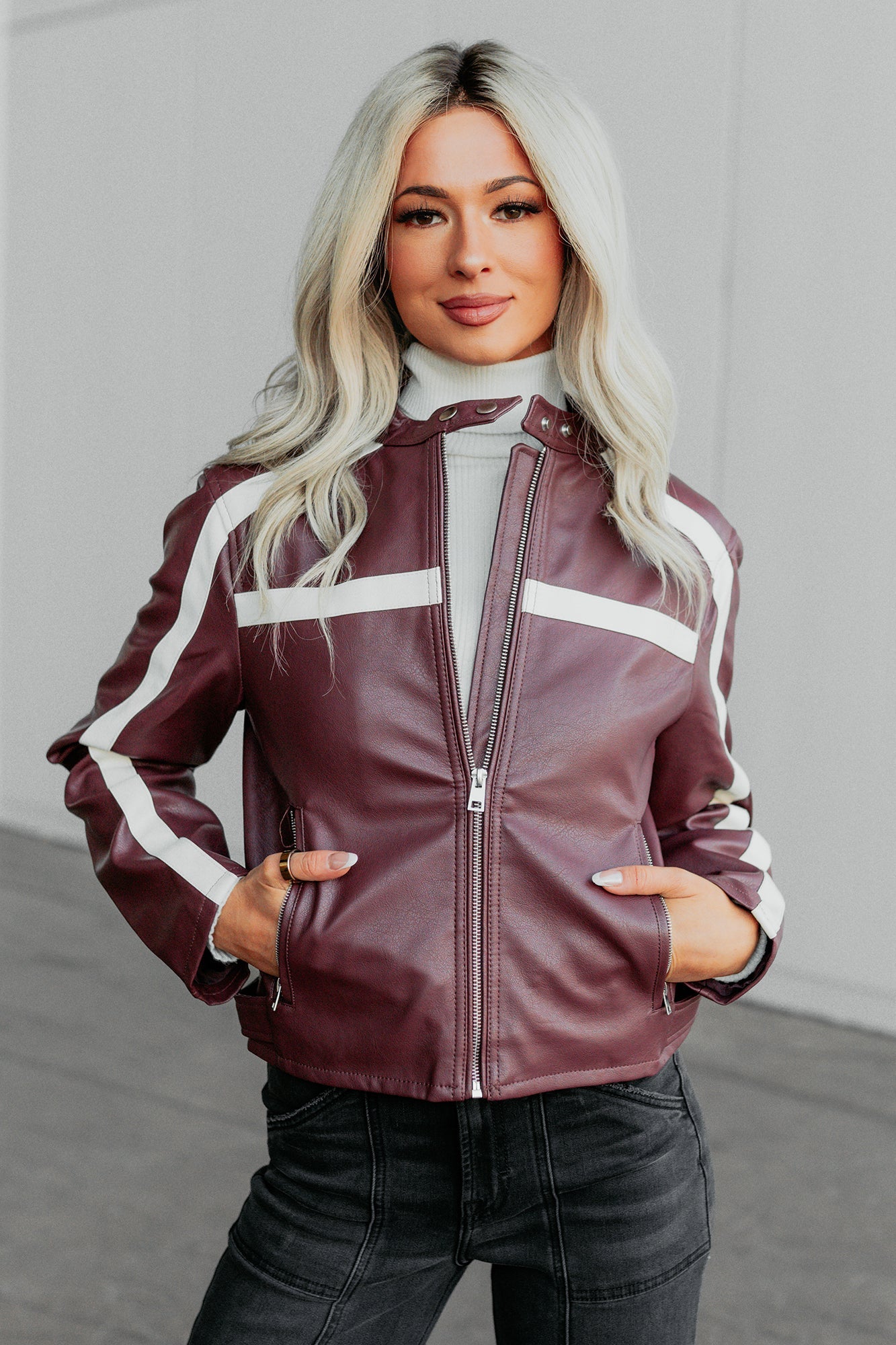 Thrill Seeker Faux Leather Racer Jacket (Burgundy)